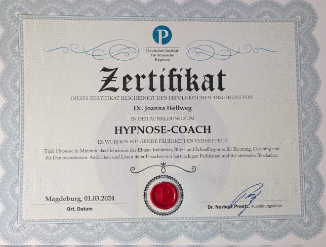 Zertifikat Dr. Joanna Hellweg - Hypnose Paderborn