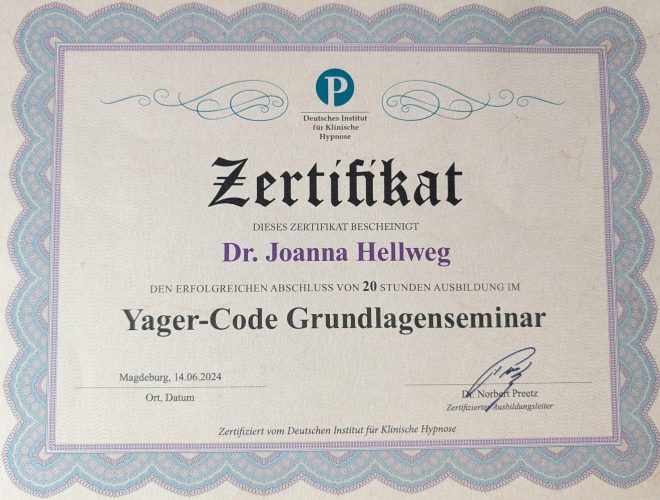 Zertifikat Dr. Joanna Hellweg - Hypnose Paderborn